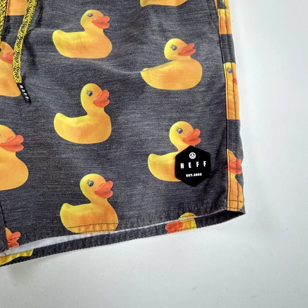 Neff Rubber Duck Print Quick Dry Trunks Swim Shorts Summer Fun Mens Small Gray